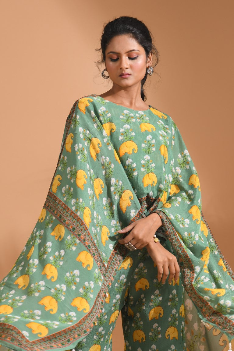 Morchari Kaftan Set With Hand Embroidery - Green - Distacart
