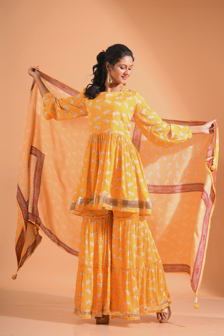 Morchari Sharara Top Set With Dupatta - Yellow - Distacart