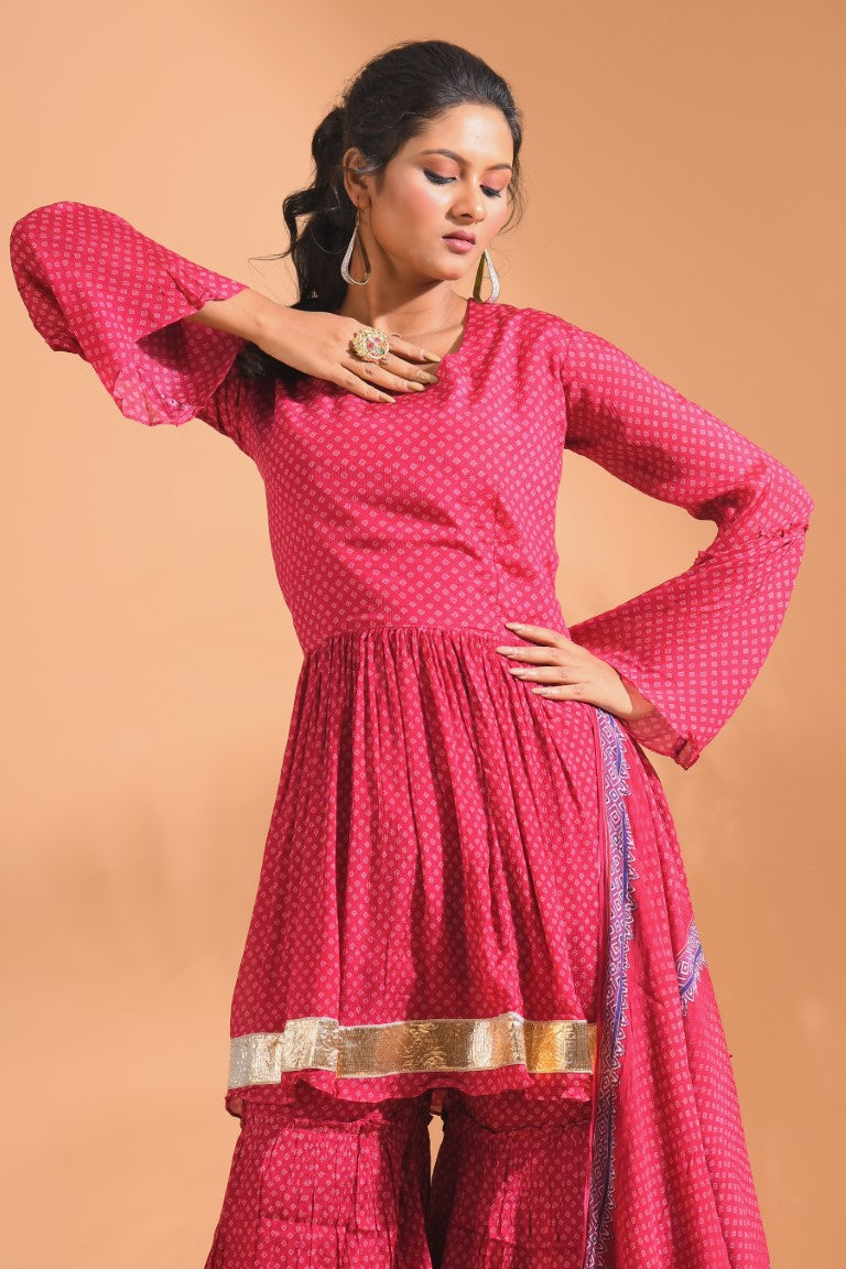 Morchari Sharara Top Set With Dupatta - Pink - Distacart
