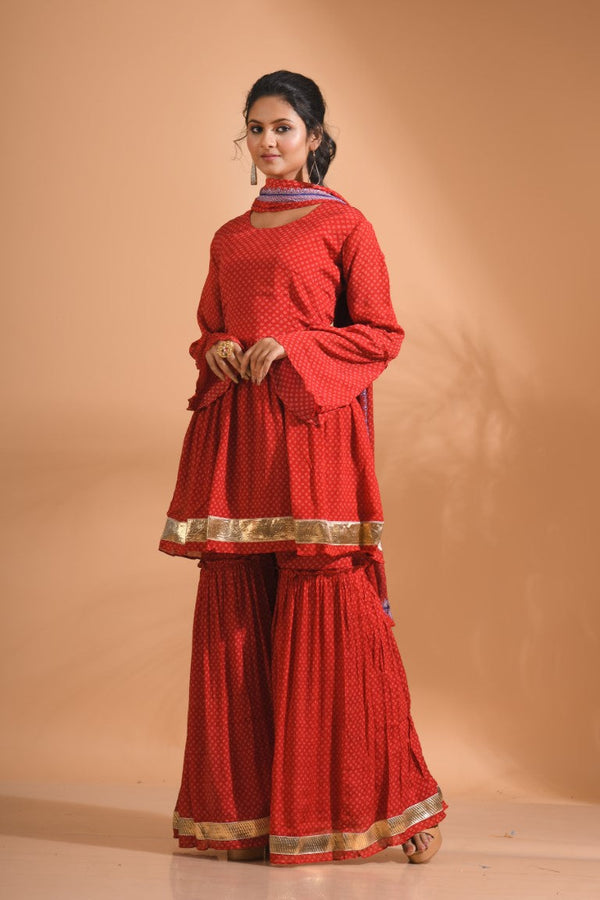 Morchari Sharara Top Set With Dupatta - Red - Distacart