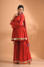 Thumbnail for Morchari Sharara Top Set With Dupatta - Red - Distacart