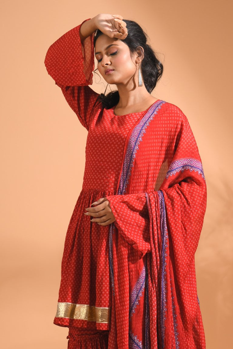 Morchari Sharara Top Set With Dupatta - Red