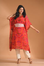 Thumbnail for Morchari Bandhani Kaftan And Golden Pant With Hand Embroidery - Red - Distacart
