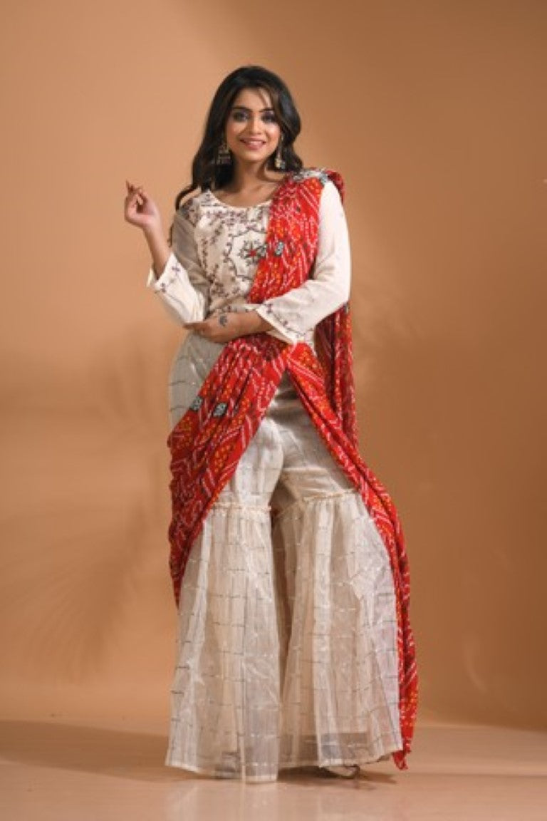 Morchari Sharara Set Attached With Dupatta With Hand Embroidery - Cream - Distacart