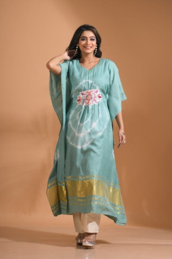 Morchari Kaftan Set With Embroidery - Light Green - Distacart
