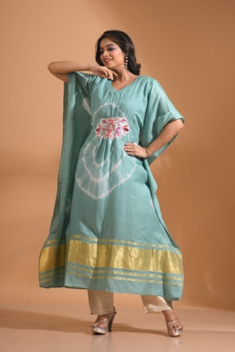 Morchari Kaftan Set With Embroidery - Light Green - Distacart