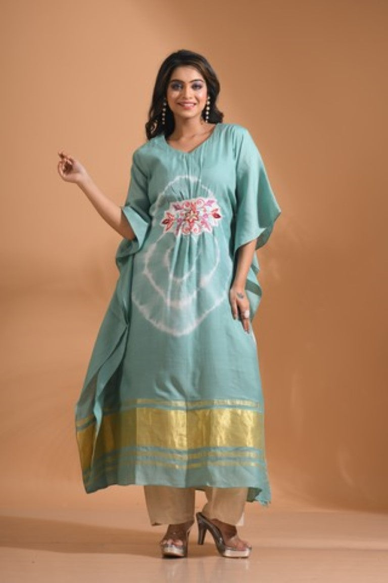 Morchari Kaftan Set With Embroidery - Light Green - Distacart