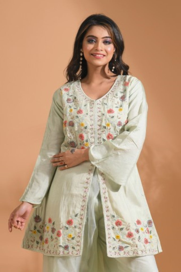 Morchari Co Ord Set With Hand Embroidery - Light Green - Distacart