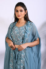 Thumbnail for Morchari Top Palazzo With Jacket With Hand Embroidery - Blue - Distacart