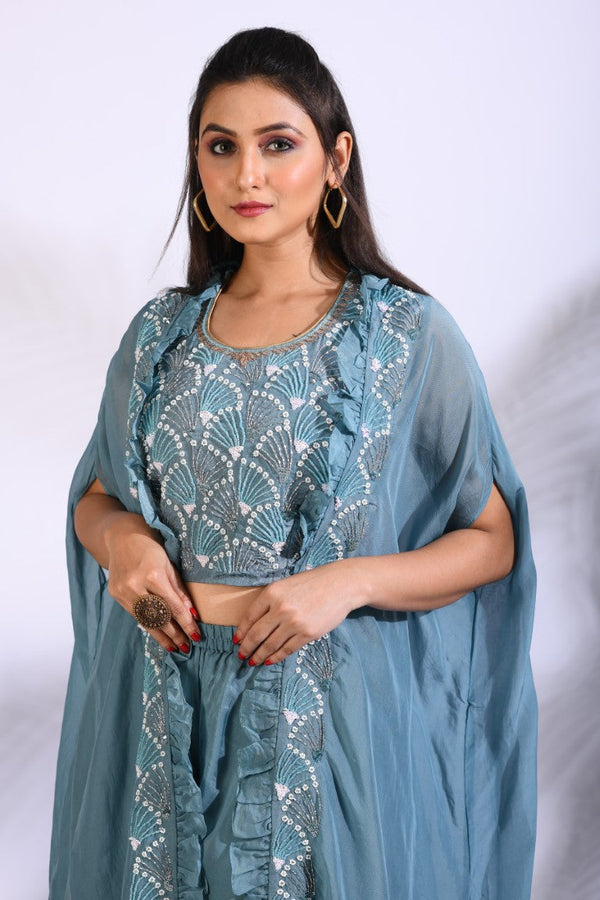 Morchari Top Palazzo With Jacket With Hand Embroidery - Blue - Distacart