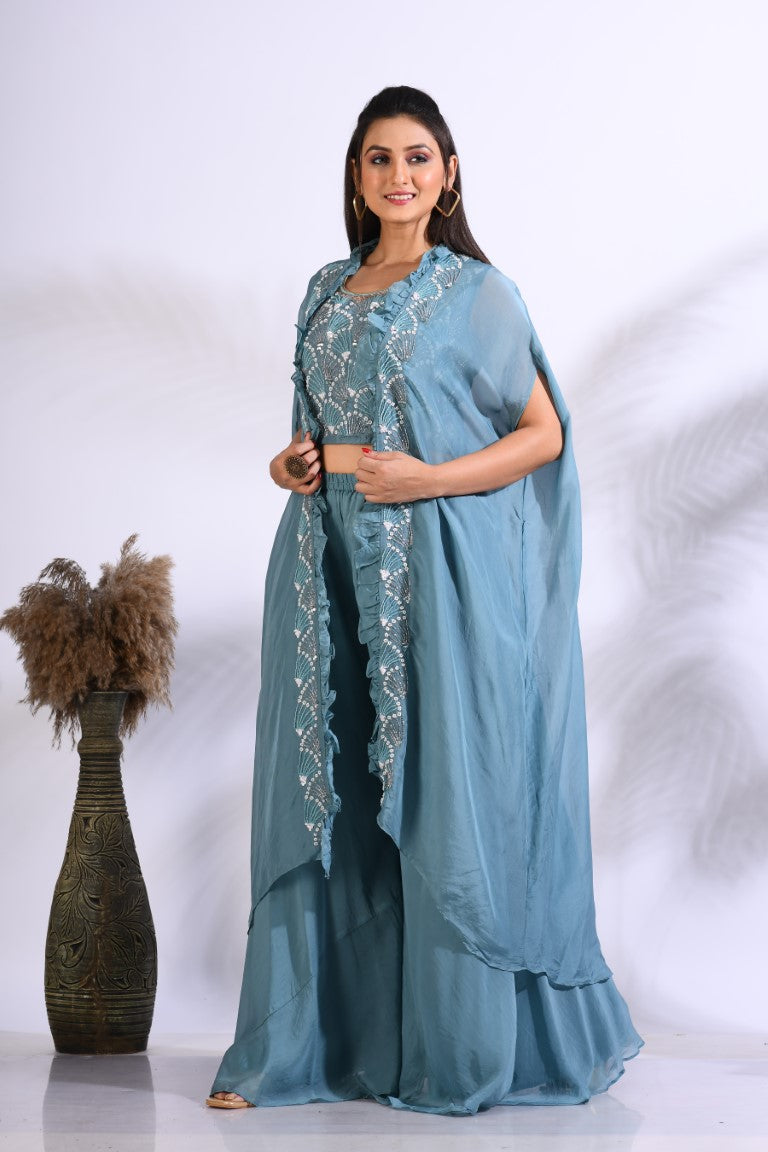 Morchari Top Palazzo With Jacket With Hand Embroidery - Blue - Distacart