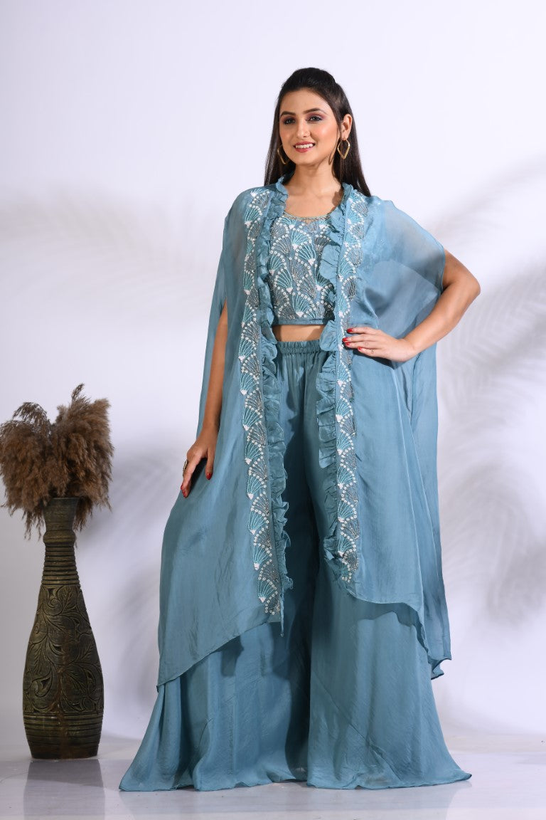 Morchari Top Palazzo With Jacket With Hand Embroidery - Blue - Distacart