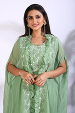 Thumbnail for Morchari Top Palazzo With Jacket With Hand Embroidery - Green - Distacart