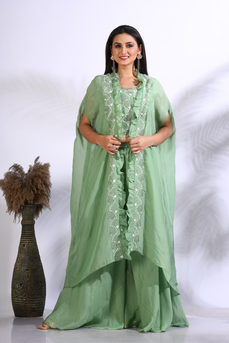 Morchari Top Palazzo With Jacket With Hand Embroidery - Green - Distacart