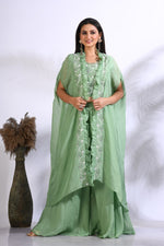 Thumbnail for Morchari Top Palazzo With Jacket With Hand Embroidery - Green - Distacart