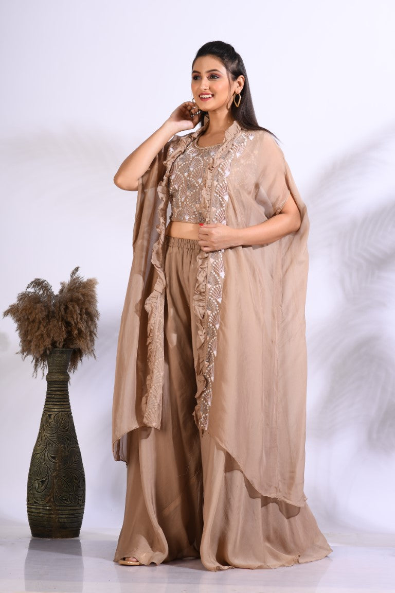 Morchari Top Palazzo With Jacket With Hand Embroidery - Brown - Distacart