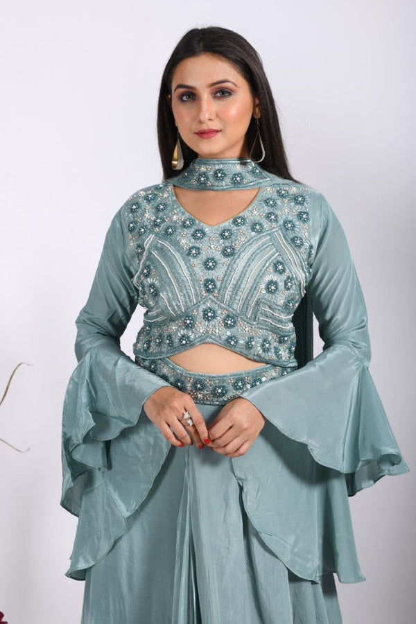 Morchari Crop Top With Dupatta With Hand Embroidery - Grey - Distacart