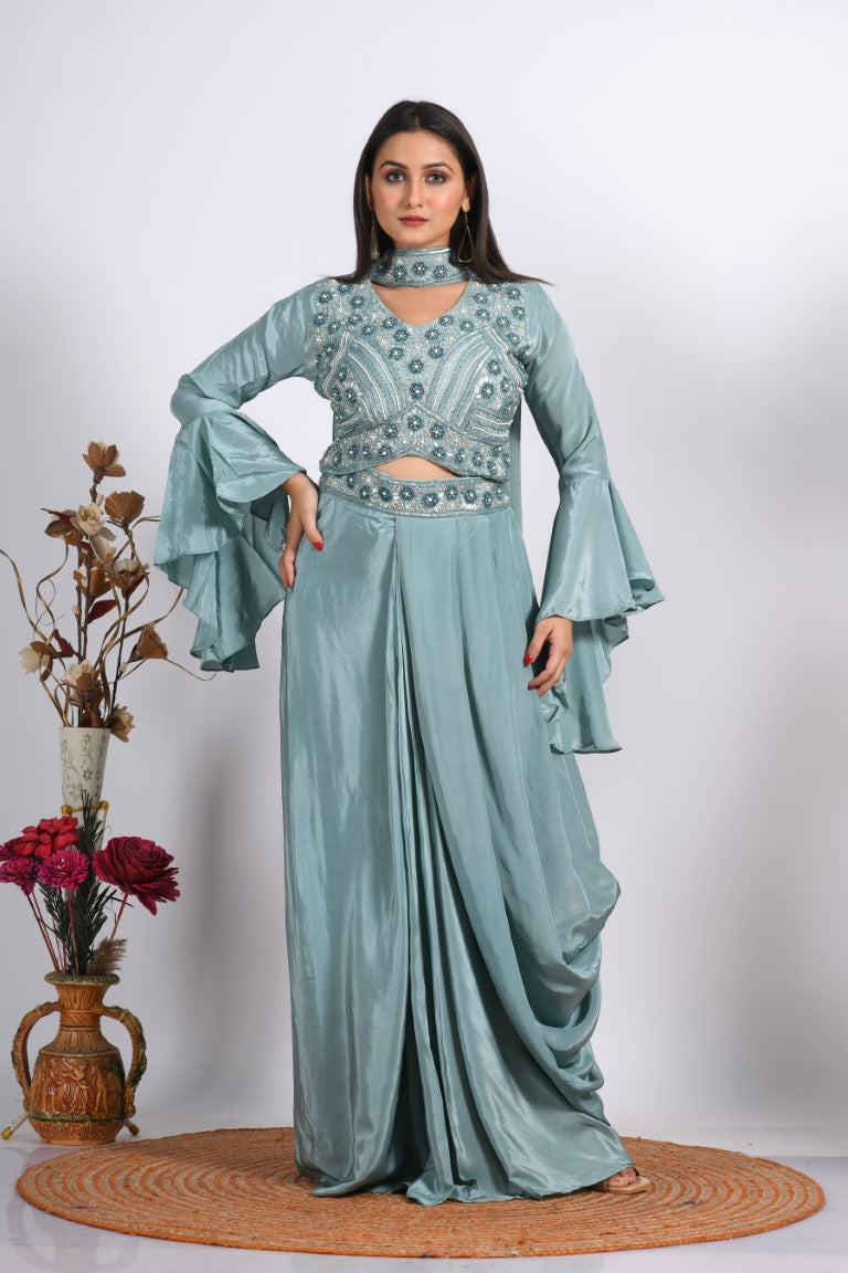 Morchari Crop Top With Dupatta With Hand Embroidery - Grey - Distacart