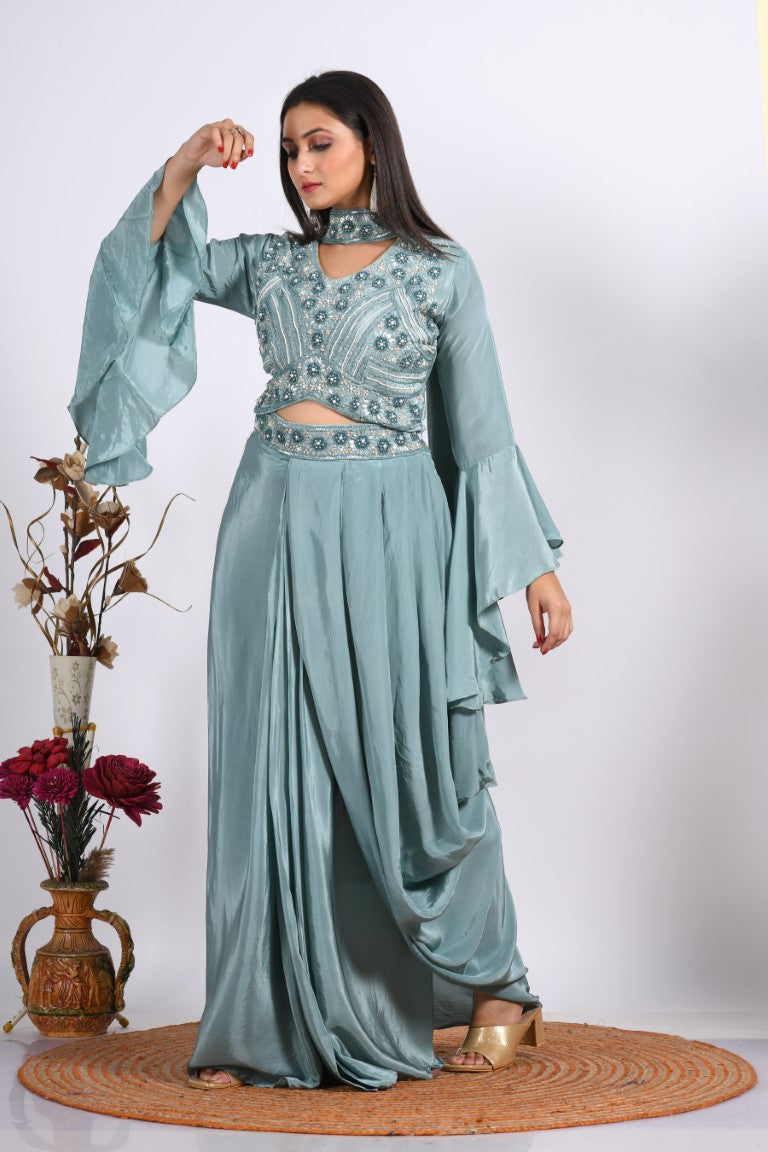 Morchari Crop Top With Dupatta With Hand Embroidery - Grey - Distacart