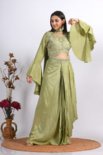 Thumbnail for Morchari Crop Top With Dupatta With Hand Embroidery - Green - Distacart