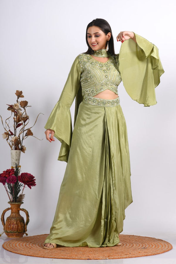 Morchari Crop Top With Dupatta With Hand Embroidery - Green - Distacart