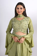 Thumbnail for Morchari Crop Top With Dupatta With Hand Embroidery - Green - Distacart