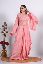 Thumbnail for Morchari Crop Top With Dupatta With Hand Embroidery - Peach - Distacart