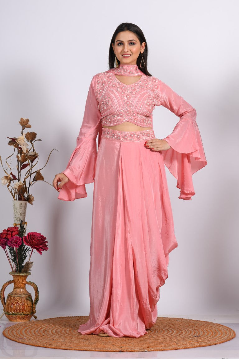 Morchari Crop Top With Dupatta With Hand Embroidery - Peach - Distacart