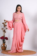 Thumbnail for Morchari Crop Top With Dupatta With Hand Embroidery - Peach - Distacart