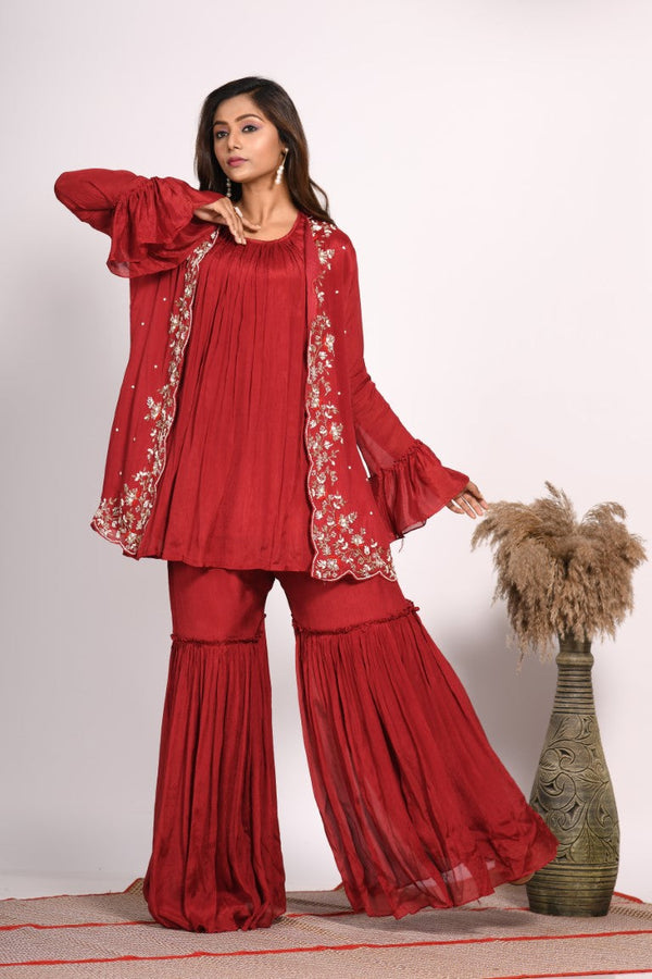 Morchari Jacket With Sharara Set With Hand Embroidery - Red - Distacart