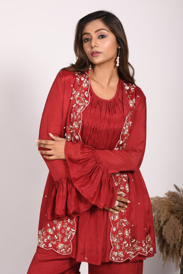 Morchari Jacket With Sharara Set With Hand Embroidery - Red - Distacart