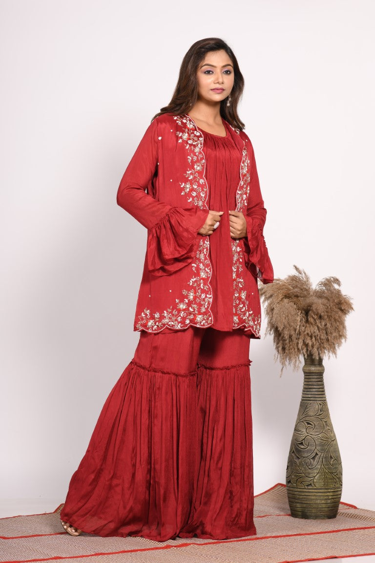 Morchari Jacket With Sharara Set With Hand Embroidery - Red - Distacart