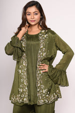Thumbnail for Morchari Jacket With Sharara Set With Hand Embroidery - Green - Distacart