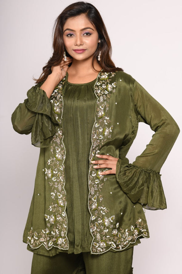Morchari Jacket With Sharara Set With Hand Embroidery - Green - Distacart