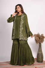 Thumbnail for Morchari Jacket With Sharara Set With Hand Embroidery - Green - Distacart