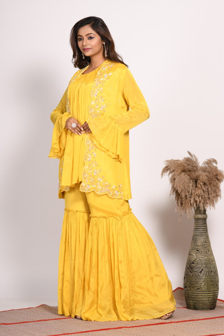 Morchari Jacket With Sharara Set With Hand Embroidery - Yellow - Distacart