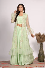 Thumbnail for Morchari Crop Top With Jacket With Hand Embroidery - Green - Distacart