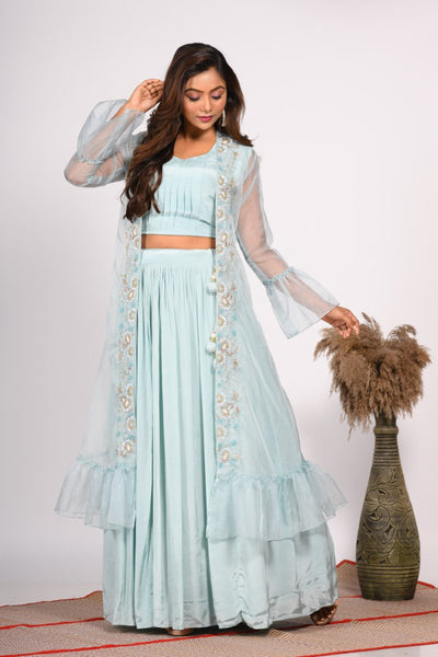 Morchari Crop Top With Jacket With Hand Embroidery - Blue - Distacart