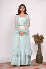 Thumbnail for Morchari Crop Top With Jacket With Hand Embroidery - Blue - Distacart