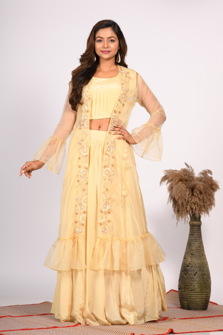 Morchari Crop Top With Jacket With Hand Embroidery - Yellow - Distacart