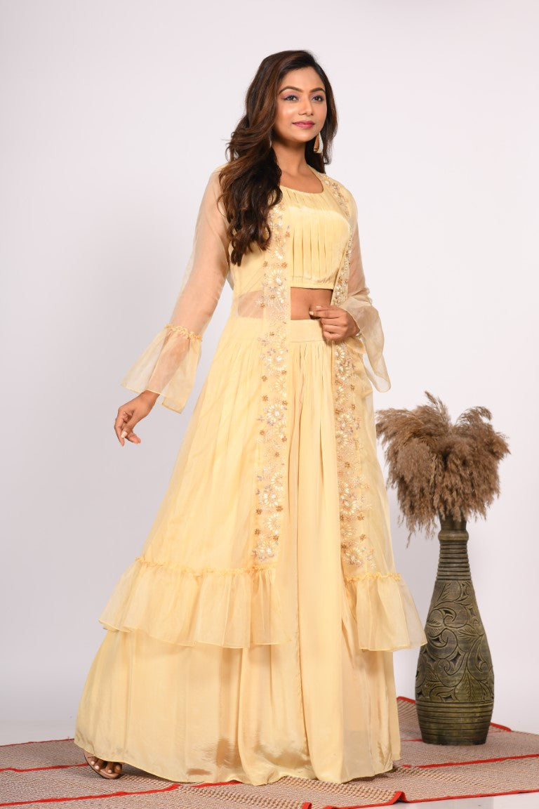 Morchari Crop Top With Jacket With Hand Embroidery - Yellow - Distacart