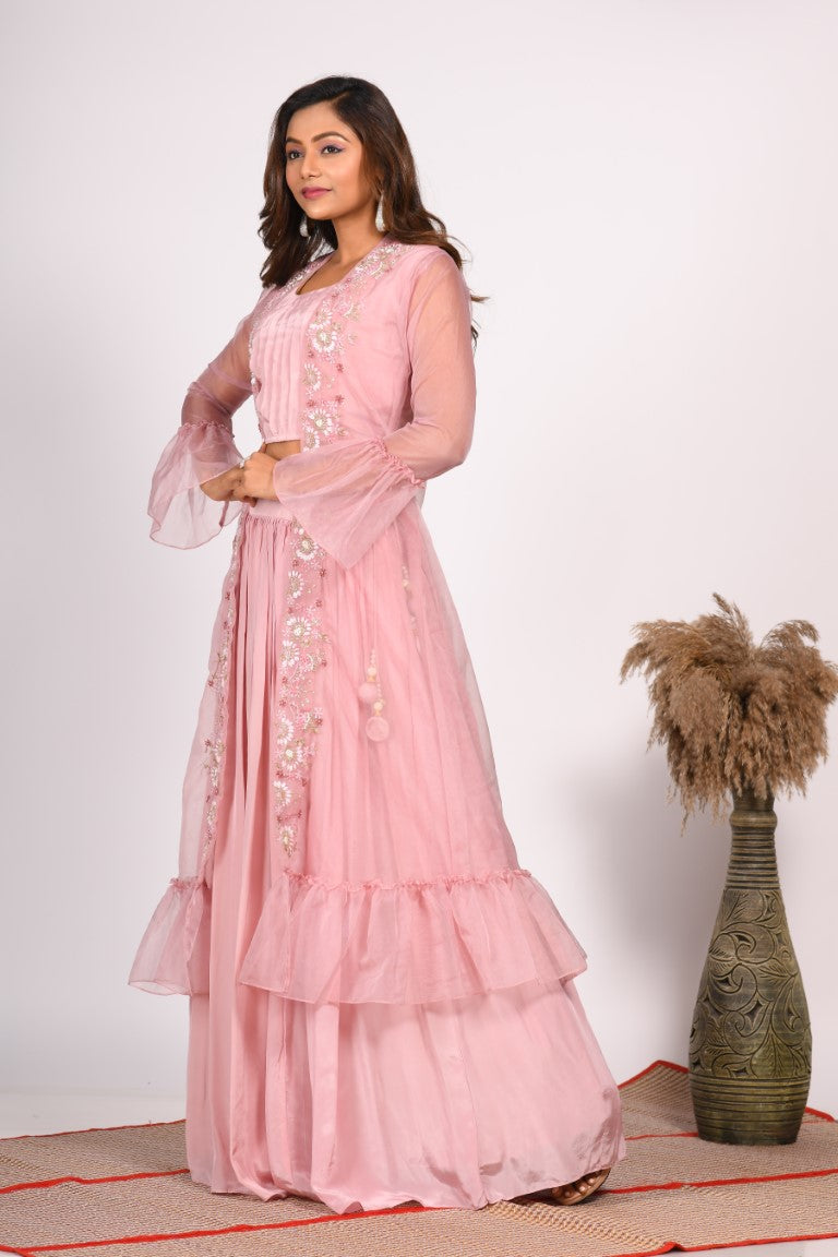 Morchari Crop Top With Jacket With Hand Embroidery - Pink - Distacart