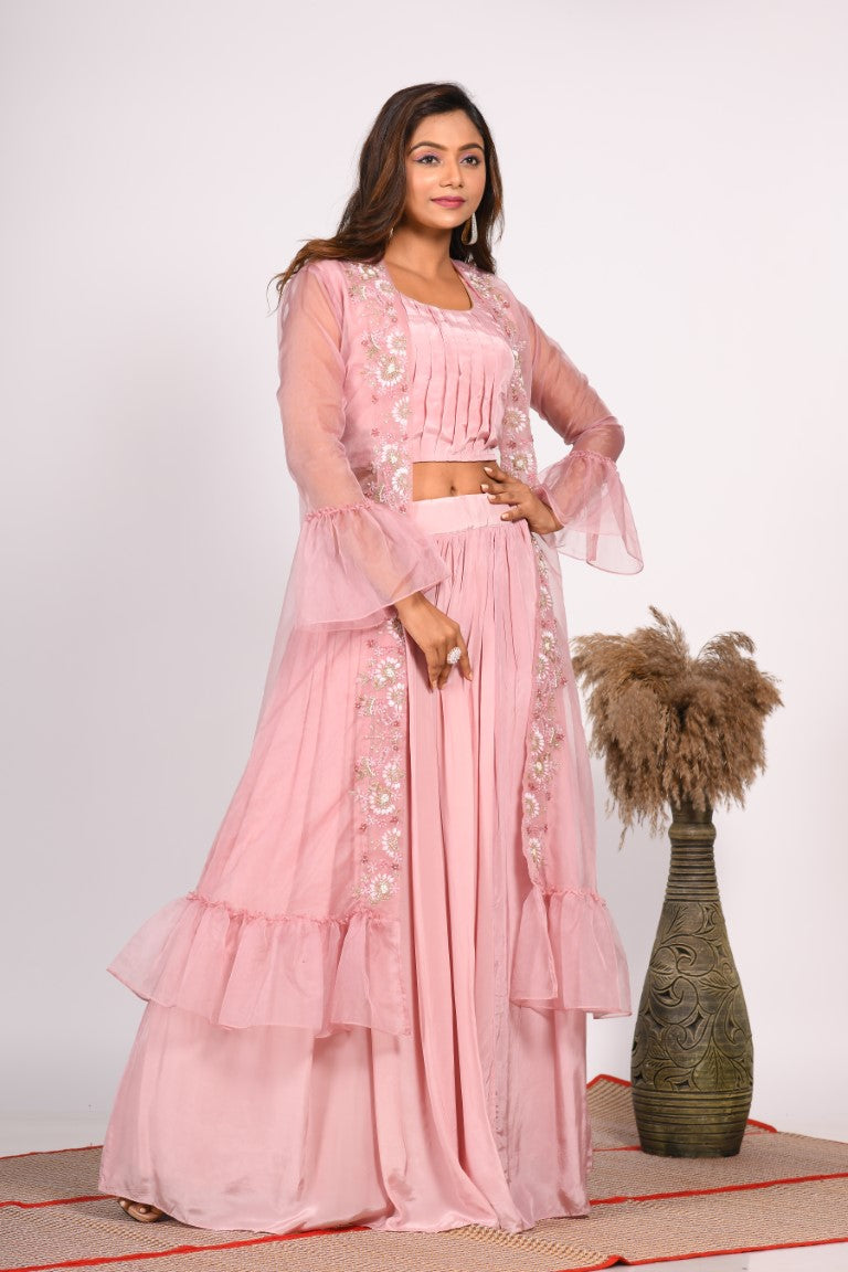 Morchari Crop Top With Jacket With Hand Embroidery - Pink - Distacart