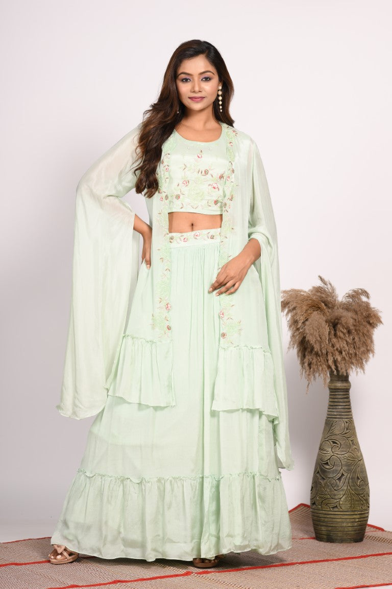 Morchari Crop Top With Long Jacket With Hand Embroidery - Green - Distacart