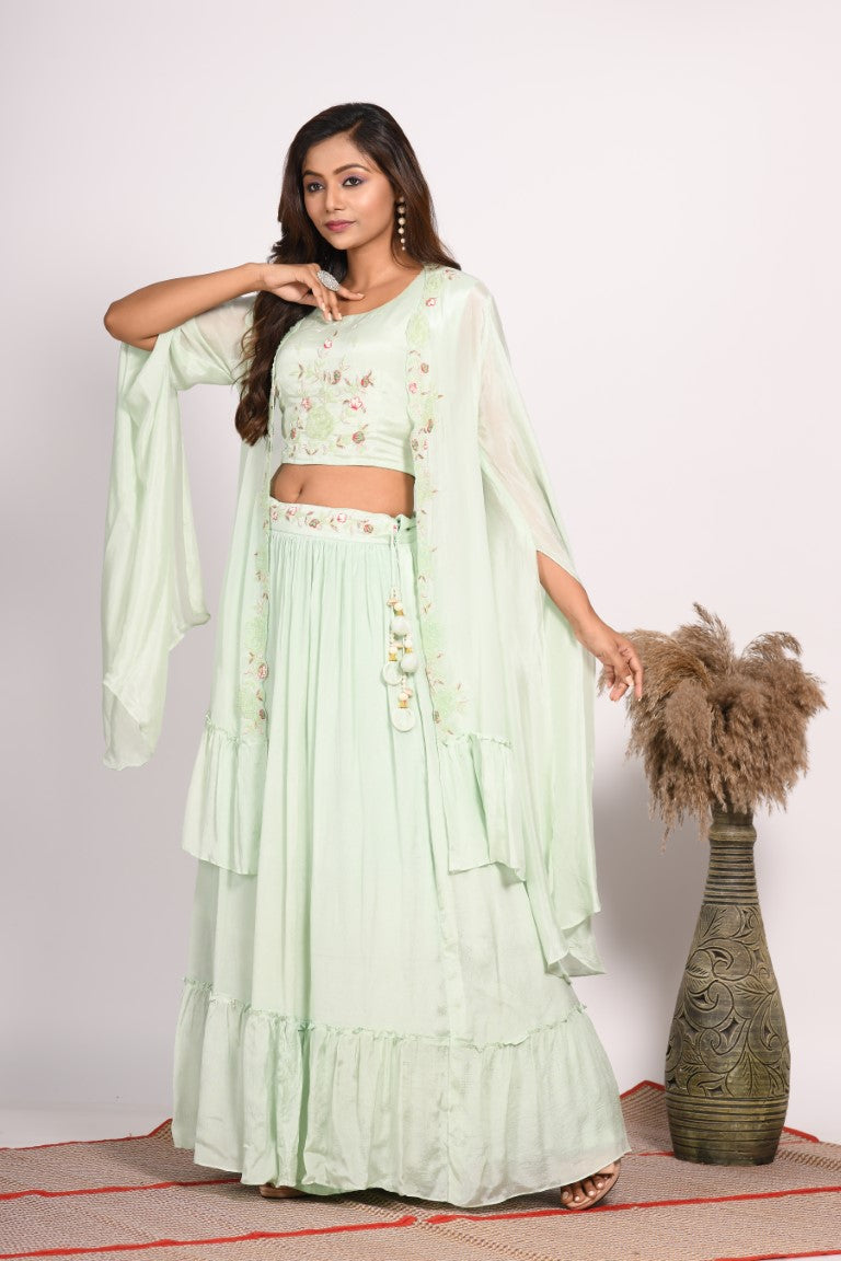 Morchari Crop Top With Long Jacket With Hand Embroidery - Green - Distacart