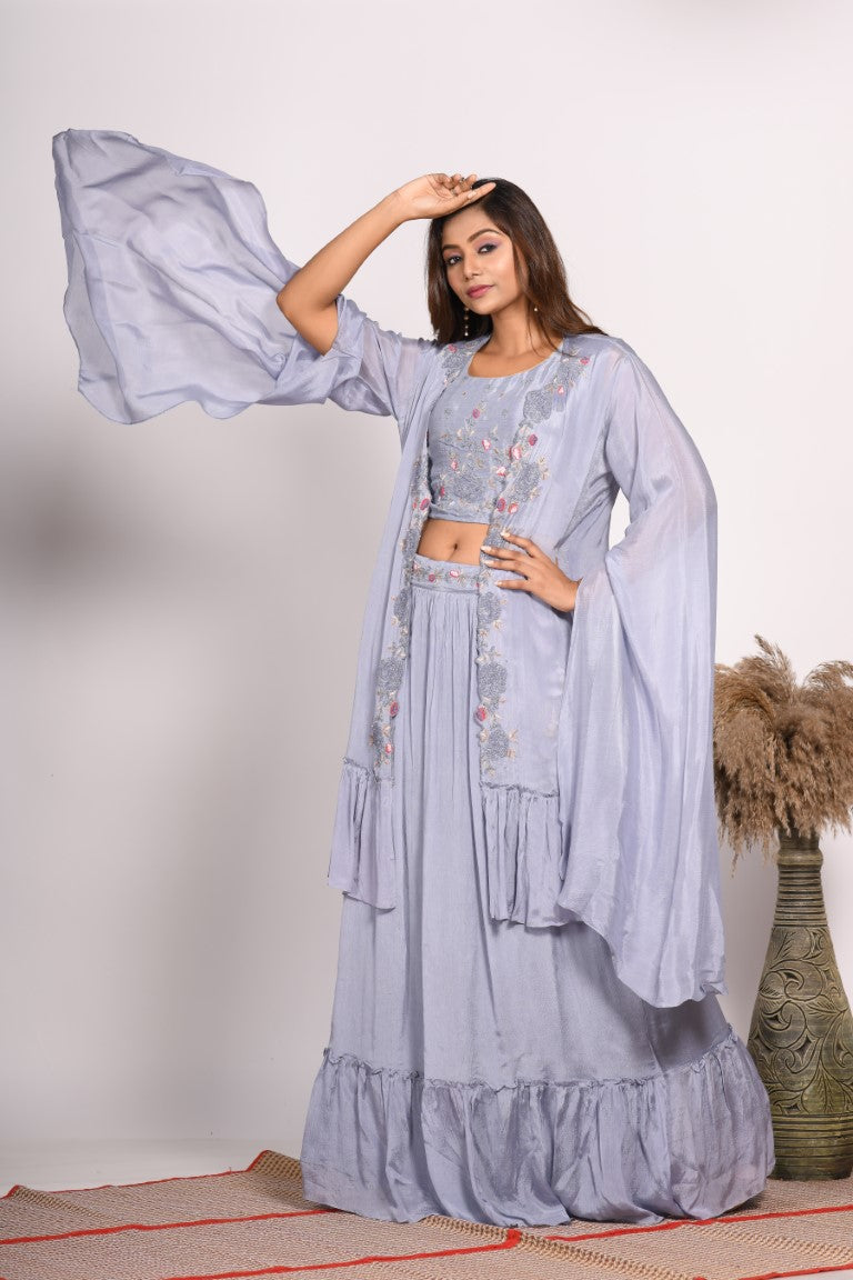 Morchari Crop Top With Long Jacket With Hand Embroidery - Grey - Distacart