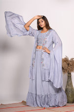 Thumbnail for Morchari Crop Top With Long Jacket With Hand Embroidery - Grey - Distacart