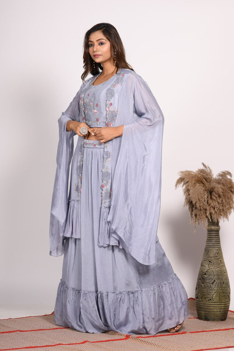 Morchari Crop Top With Long Jacket With Hand Embroidery - Grey - Distacart