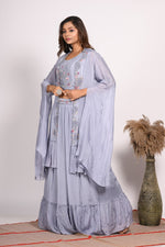 Thumbnail for Morchari Crop Top With Long Jacket With Hand Embroidery - Grey - Distacart