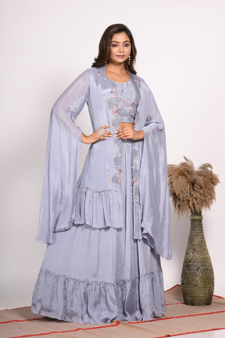 Morchari Crop Top With Long Jacket With Hand Embroidery - Grey - Distacart